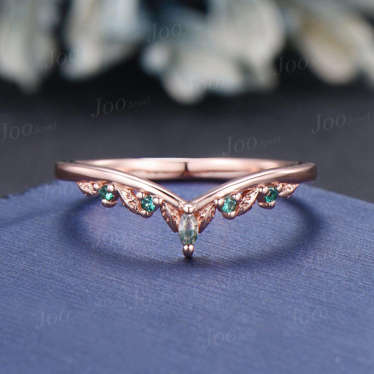 Nature Inspired Leaf Moss Agate Emerald Curved Wedding Band 14K Rose Gold Art Deco Vintage Twig Vine Matching Band Promise Rings for Women