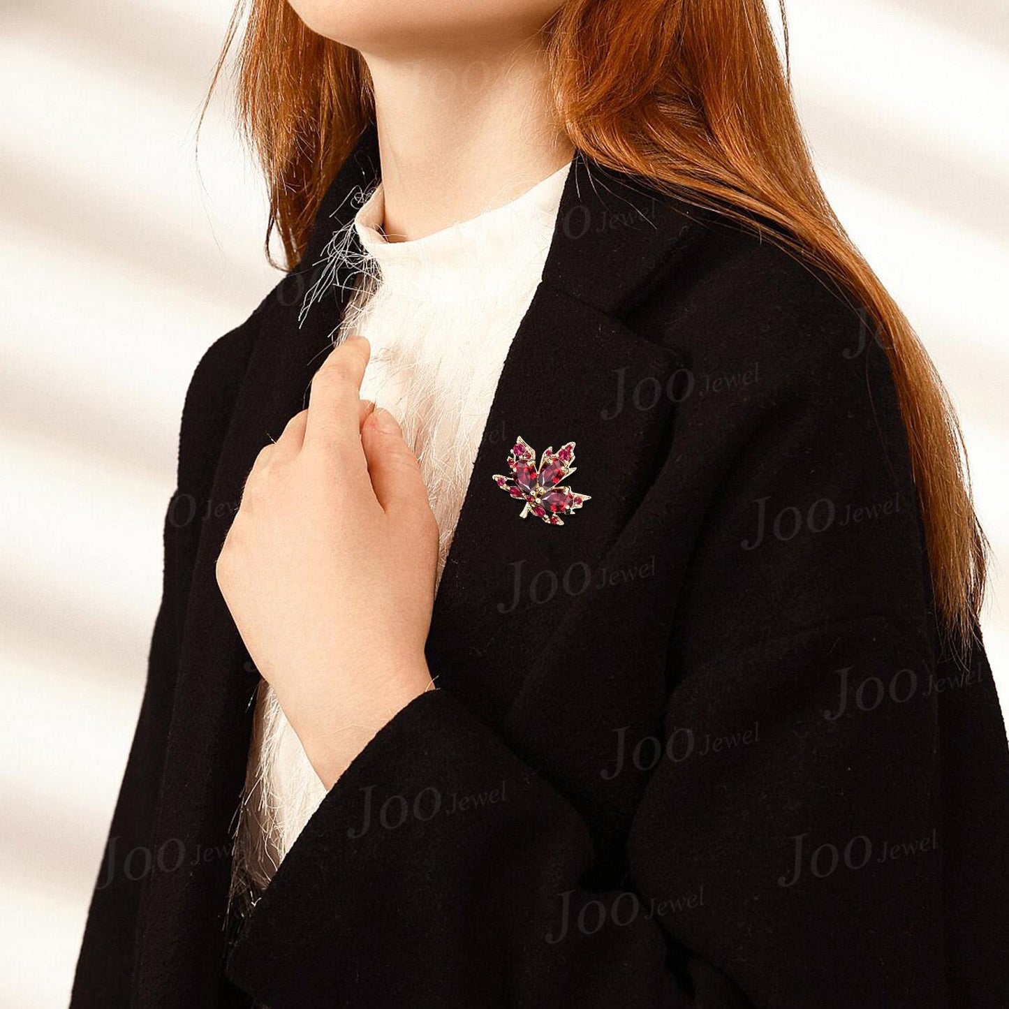 Vintage Unique Marple Leaf Brooch 14K Real Yellow Gold Pear Shaped Ruby Lapel Pins Accept Personalized Custom Gemstone Brooch Pin for Women