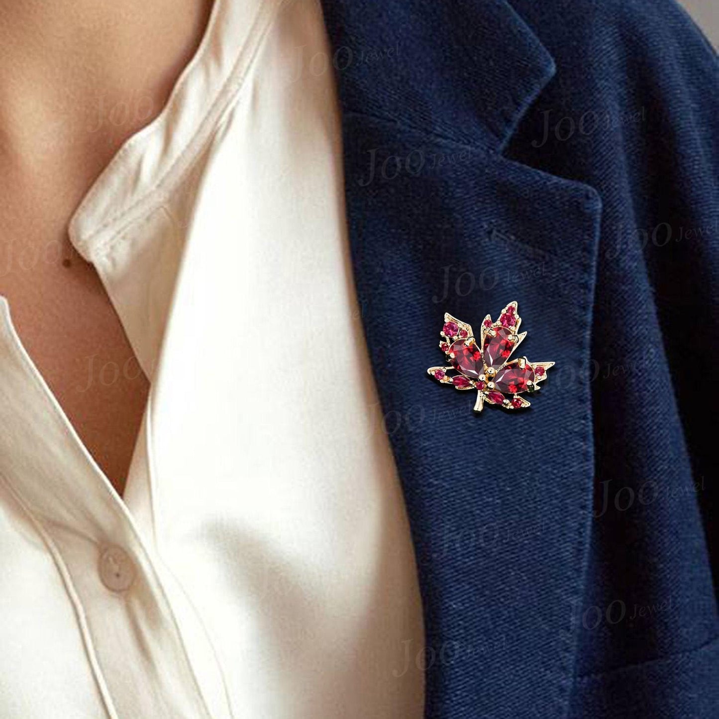 Vintage Unique Marple Leaf Brooch 14K Real Yellow Gold Pear Shaped Ruby Lapel Pins Accept Personalized Custom Gemstone Brooch Pin for Women