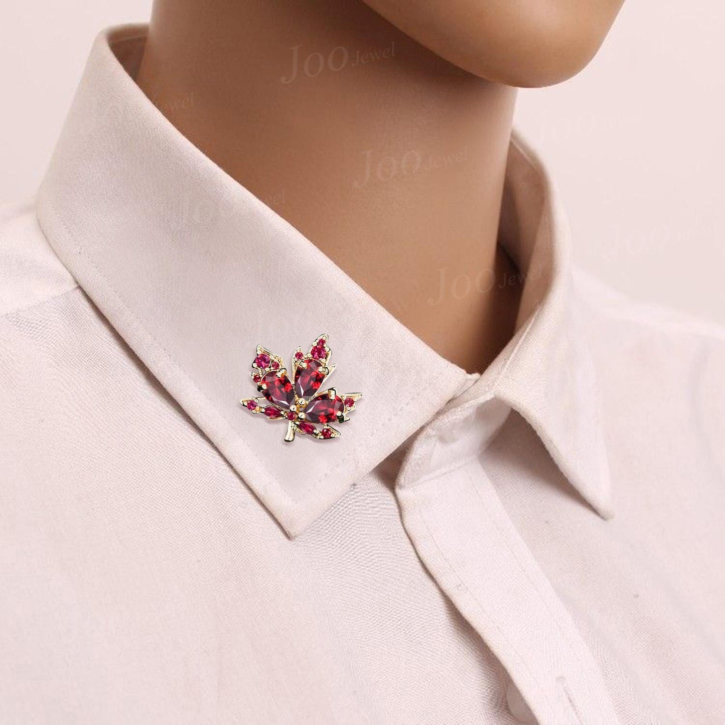 Vintage Unique Marple Leaf Brooch 14K Real Yellow Gold Pear Shaped Ruby Lapel Pins Accept Personalized Custom Gemstone Brooch Pin for Women