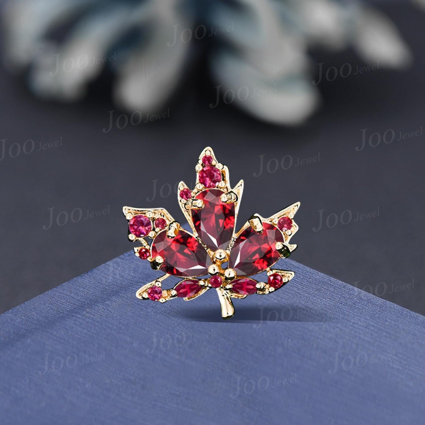 Vintage Unique Marple Leaf Brooch 14K Real Yellow Gold Pear Shaped Ruby Lapel Pins Accept Personalized Custom Gemstone Brooch Pin for Women