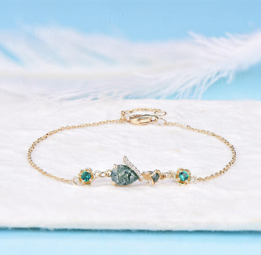 14K Rose Gold Flower Bracelet Pear Natural Moss Agate Emerald Chain Bracelet Dainty Genuine Green Gemstone Charm Wedding Bracelet for Bridal