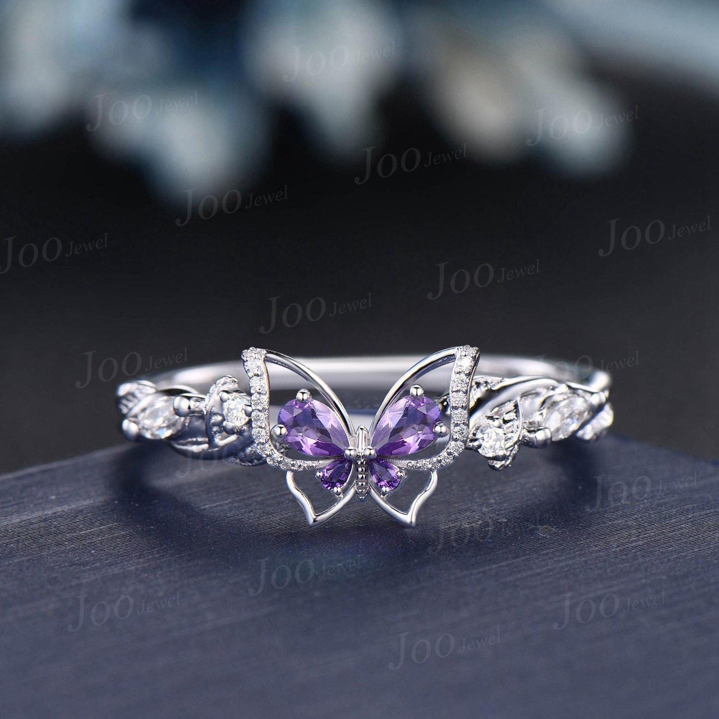 Pear Natural Amethyst Moissanite Ring Set 10K White Gold Butterfly Promise Ring Twig Vine Wedding Ring Unique Dainty Jewelry Gifts for Women