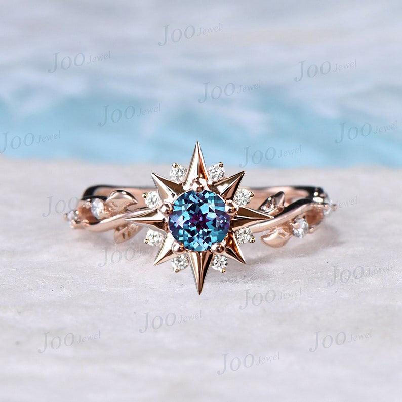 Unique Sun Engagement Ring Nature Inspired Leaf Round Cut Color-Changed Alexandrite Twist Wedding Ring Cluster Moissanite Halo Promise Ring