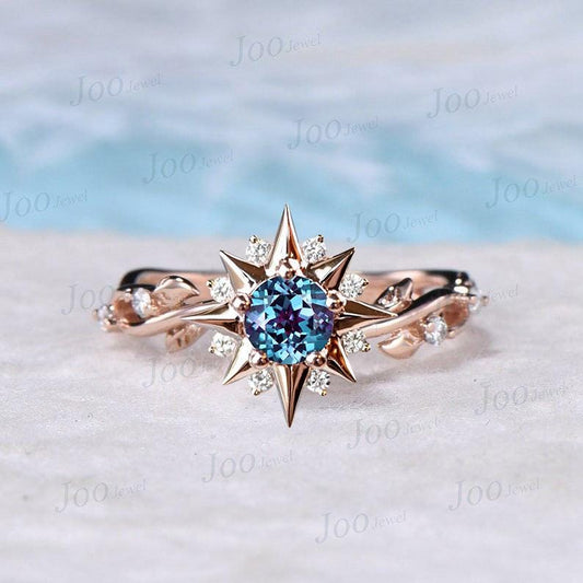 Unique Sun Engagement Ring Nature Inspired Leaf Round Cut Color-Changed Alexandrite Twist Wedding Ring Cluster Moissanite Halo Promise Ring