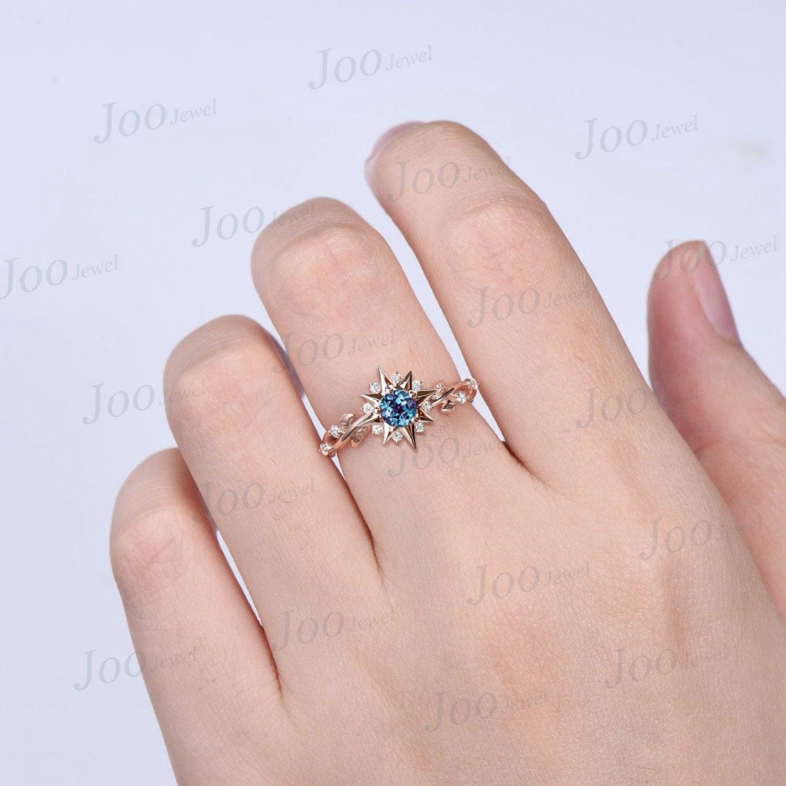 Unique Sun Engagement Ring Nature Inspired Leaf Round Cut Color-Changed Alexandrite Twist Wedding Ring Cluster Moissanite Halo Promise Ring