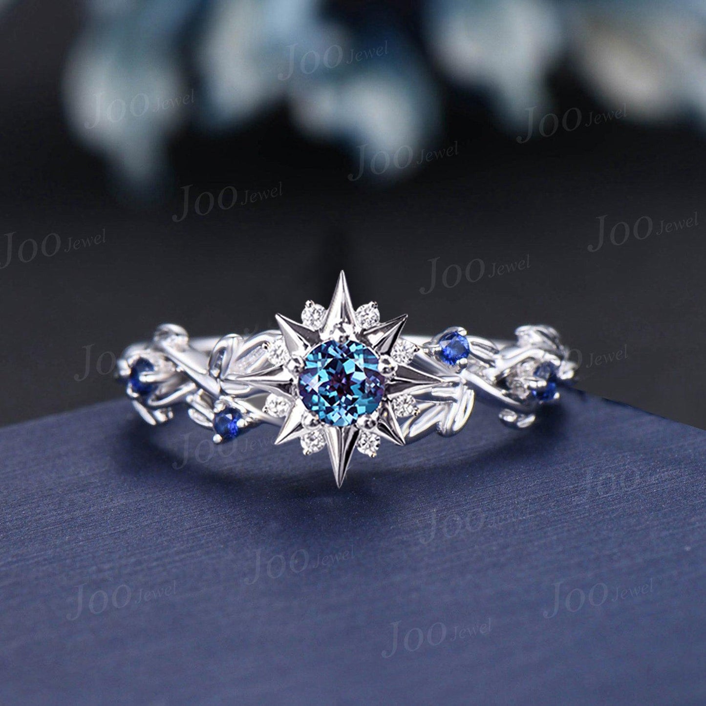 Sun Burst Alexandrite Engagement Ring Round Color-Changing Alexandrite Sapphire Wedding Ring Sterling Silver Leaf Vine Branch Promise Ring