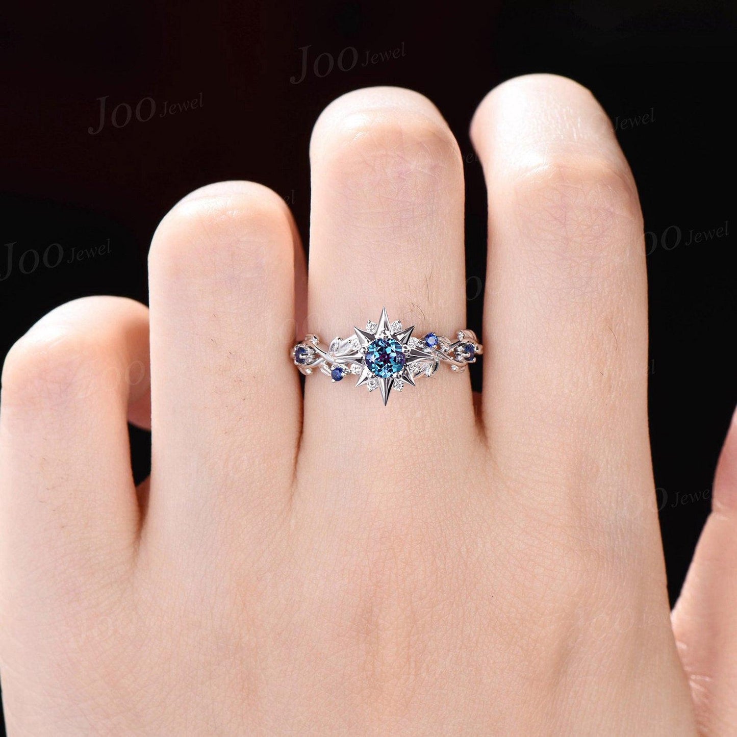 Sun Burst Alexandrite Engagement Ring Round Color-Changing Alexandrite Sapphire Wedding Ring Sterling Silver Leaf Vine Branch Promise Ring