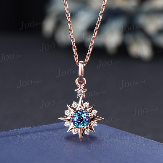 6.5mm Round Cut Color-Changing Sun Necklace 14K Rose Gold Sun Star Halo Moissanite Wedding Necklace Unique June Birthstone Pendant Necklace
