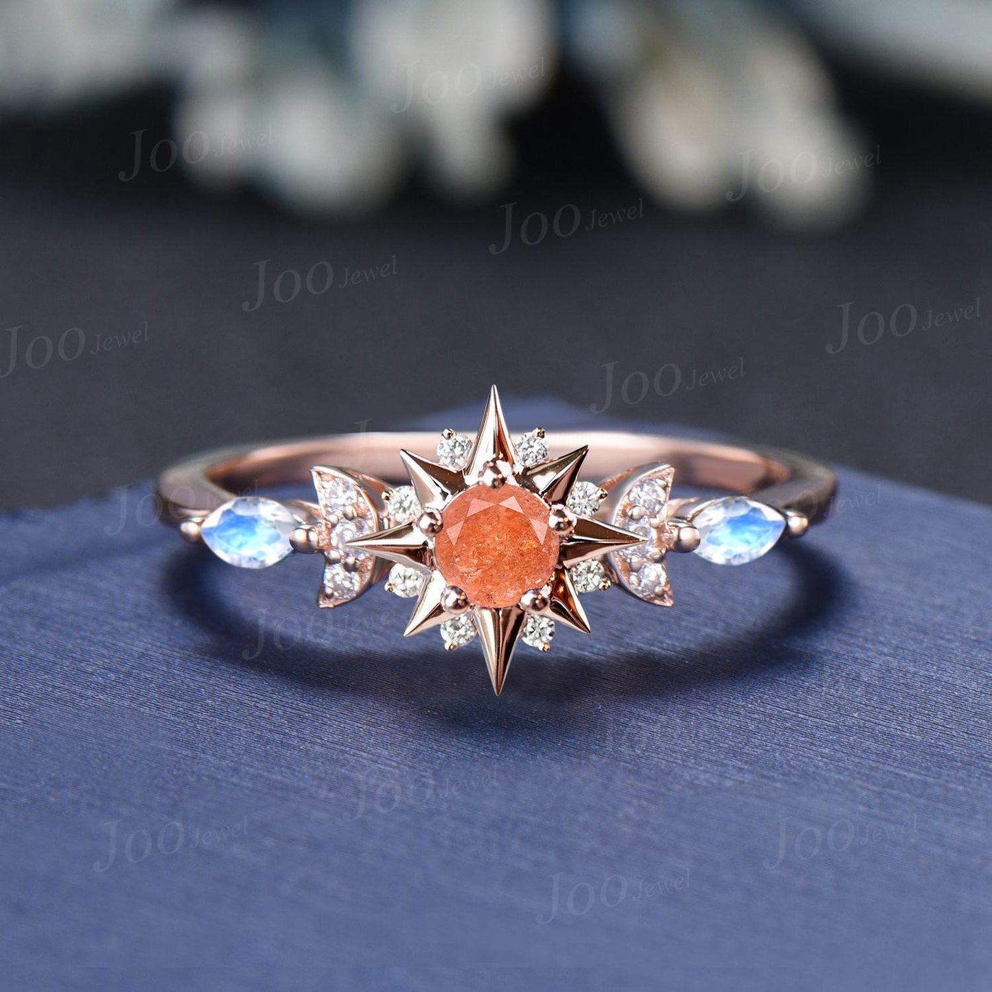 Round Cut Nature Sunstone Ring Sun Engagement Ring Orange Gemstone Jewelry Starburst Moon Ring for Women Unique Healing Stone Ring Gifts