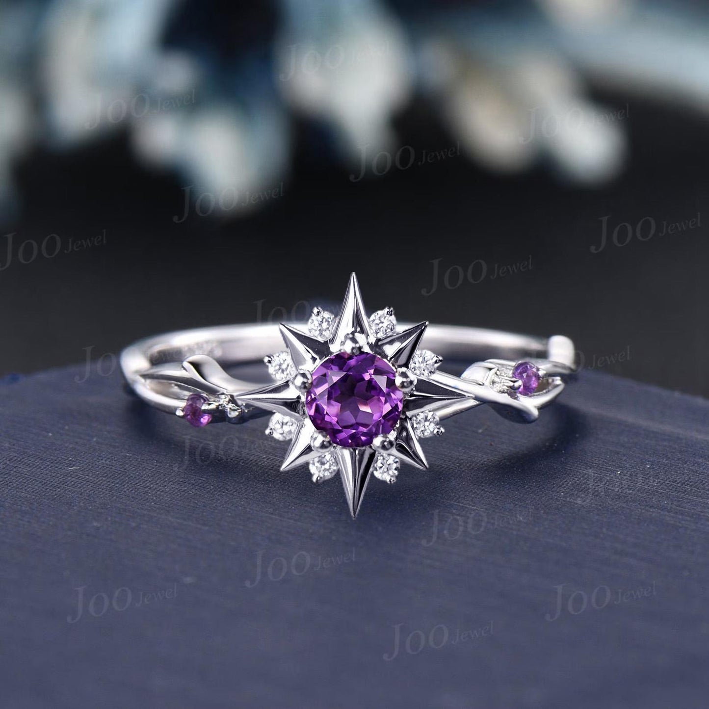 Sun Amethyst Engagement Ring Round Genuine Amethyst Proposal Ring Twig Vine Wedding Ring Sterling Silver Sunburst Sunshine Healing Jewelry