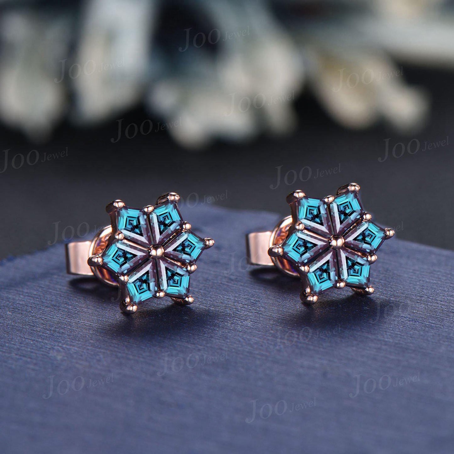 Color-Change Alexandrite Stud Earrings Vintage 14K Solid Rose Gold Snowflake Earrings Kite Gemstone Earrings for Women Christmas Earrings