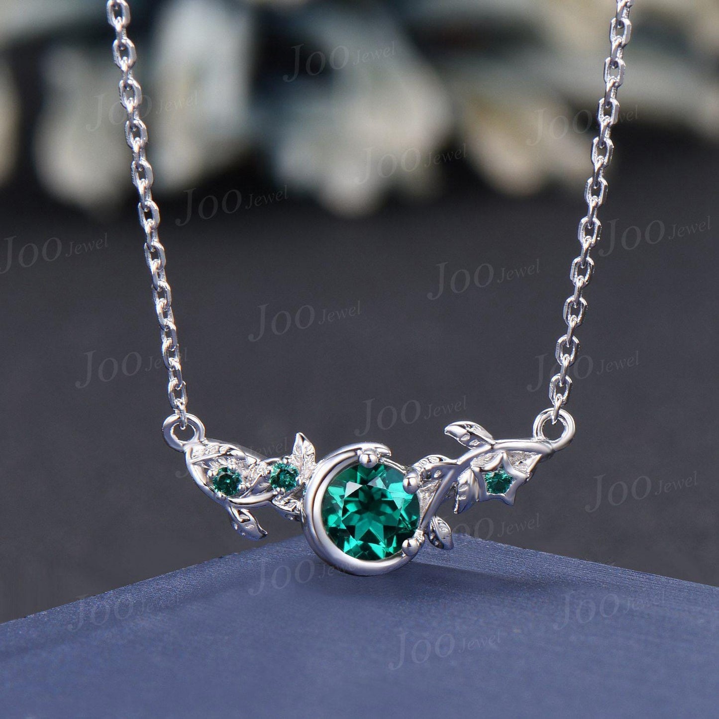 Round Cut Green Emerald Leaf Necklace Sterling Silver Crescent Moon Curved Pendant Unique May Birthstone Birthday Anniversary Gift For Women