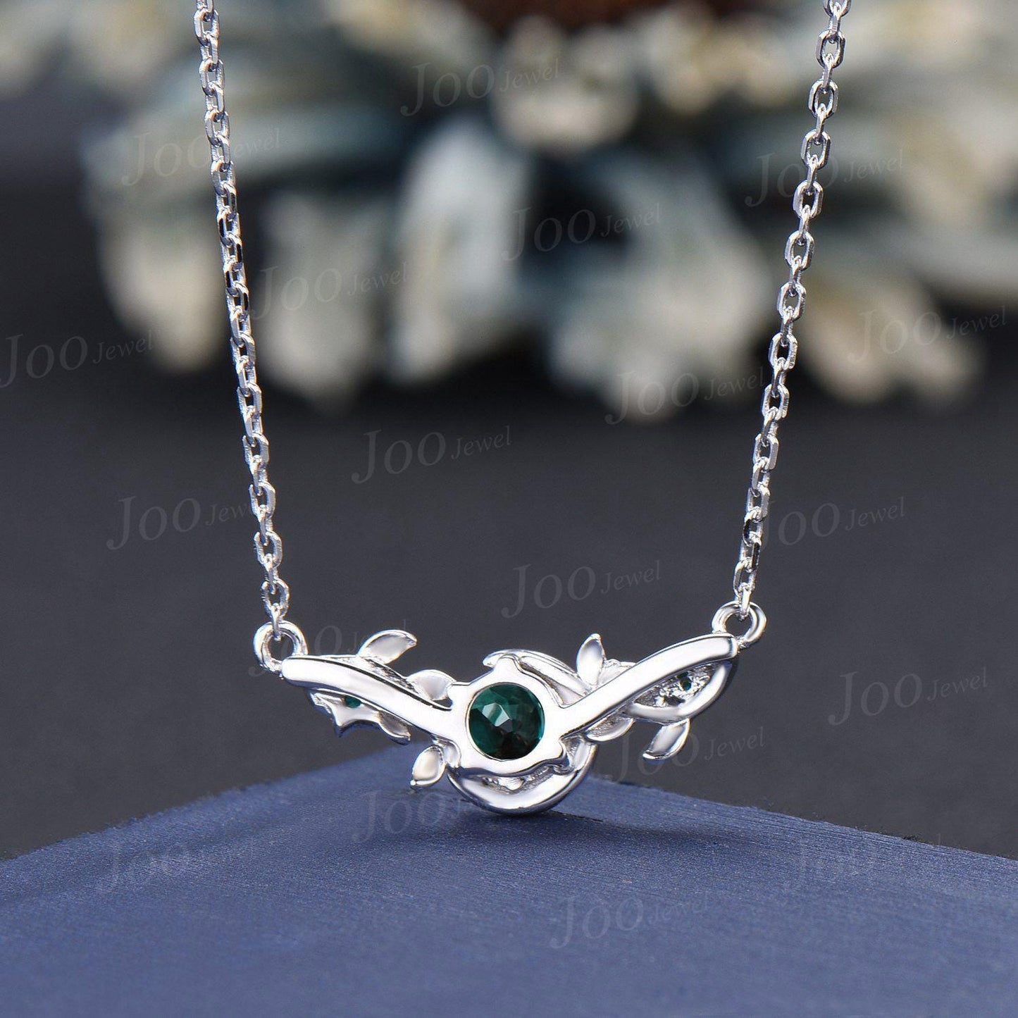 Round Cut Green Emerald Leaf Necklace Sterling Silver Crescent Moon Curved Pendant Unique May Birthstone Birthday Anniversary Gift For Women