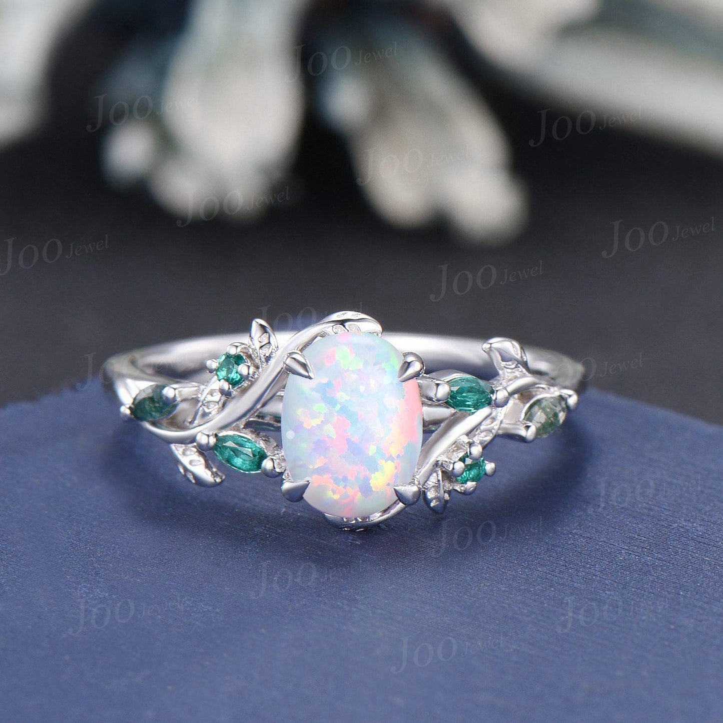 1.5ct Oval Cut White Opal Bridal Ring Set 10K Rose Gold Branch Engagement Ring Emerald Opal Wedding Ring Moss Agate Wedding Band for Women