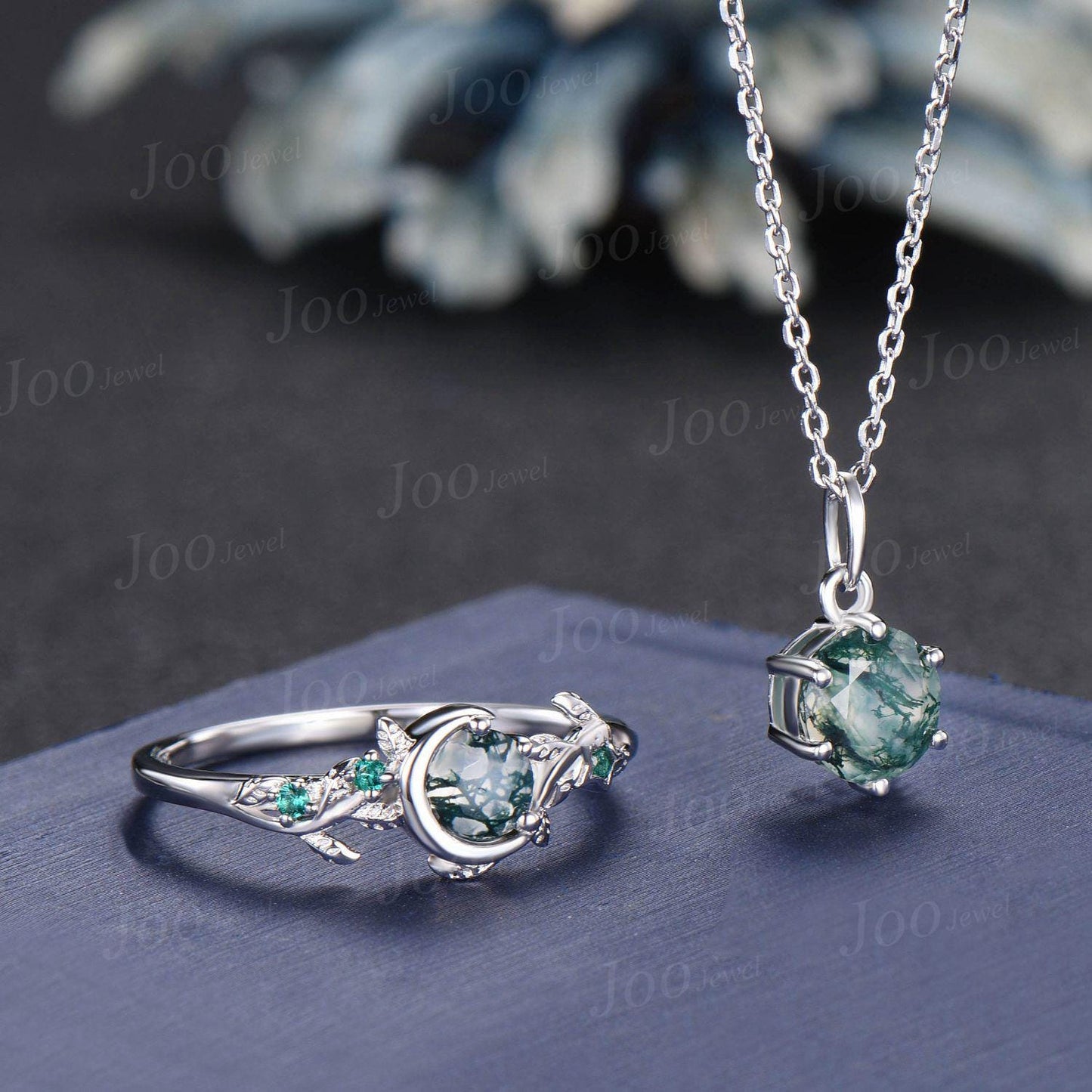Round Cut Genuine Moss Agate Ring Necklace Set Sterling Silver Vintage Unique Best Friend Gift for Women/Girl Green Gemstone Healing Jewelry