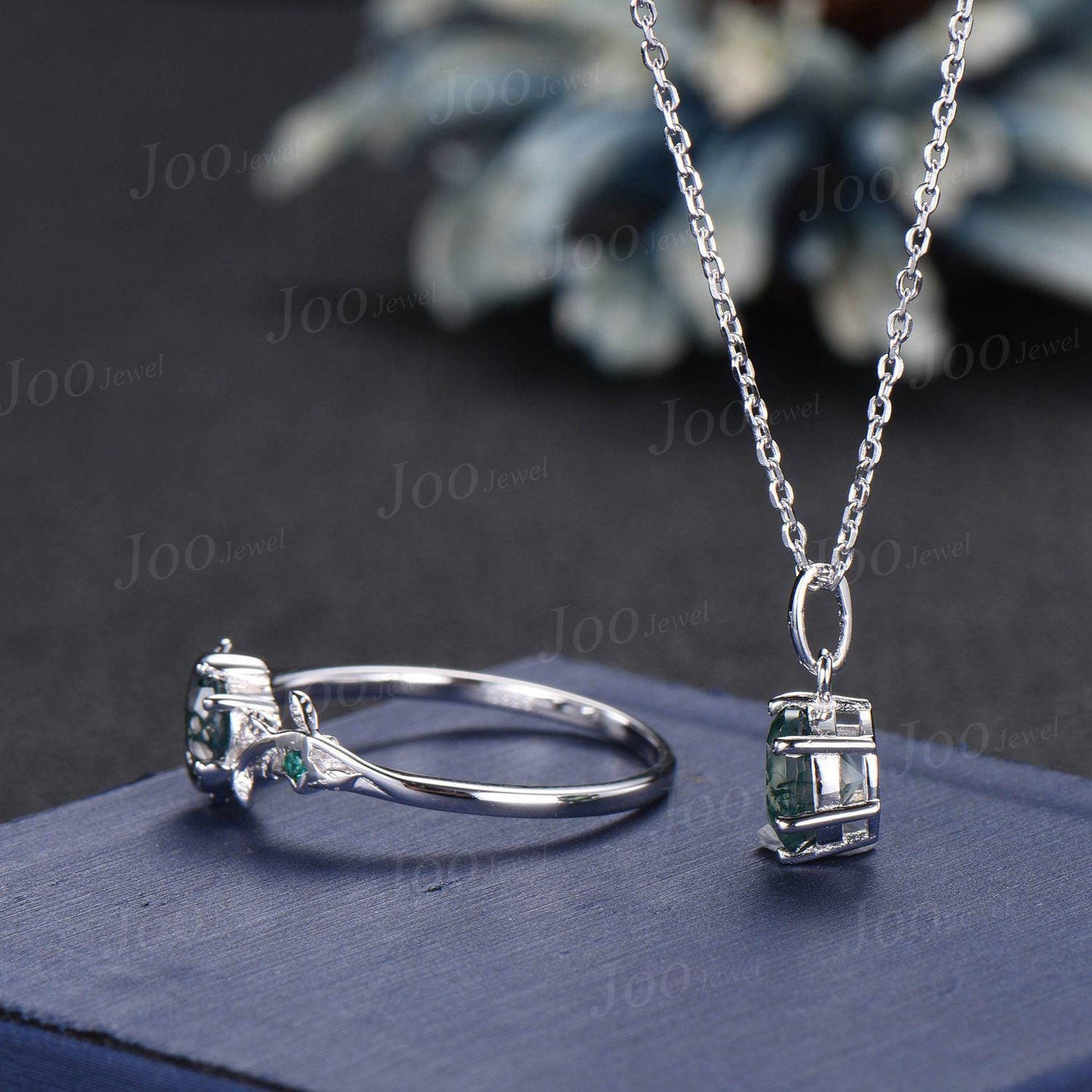 Round Cut Genuine Moss Agate Ring Necklace Set Sterling Silver Vintage Unique Best Friend Gift for Women/Girl Green Gemstone Healing Jewelry