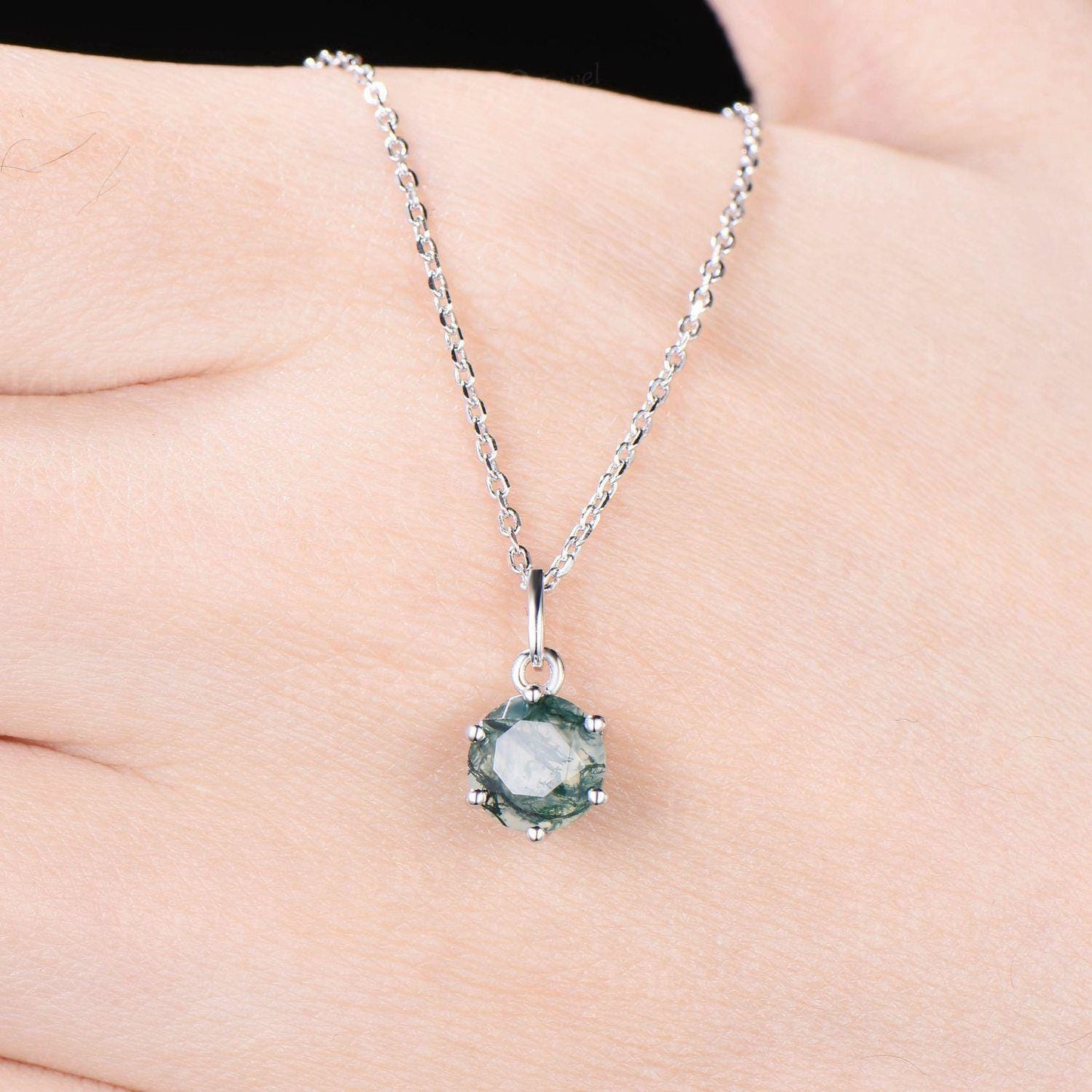 Round Cut Genuine Moss Agate Ring Necklace Set Sterling Silver Vintage Unique Best Friend Gift for Women/Girl Green Gemstone Healing Jewelry