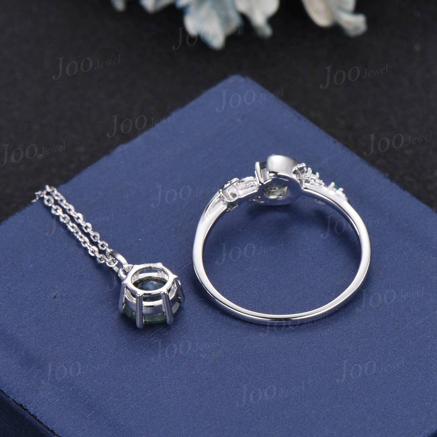 Round Cut Genuine Moss Agate Ring Necklace Set Sterling Silver Vintage Unique Best Friend Gift for Women/Girl Green Gemstone Healing Jewelry