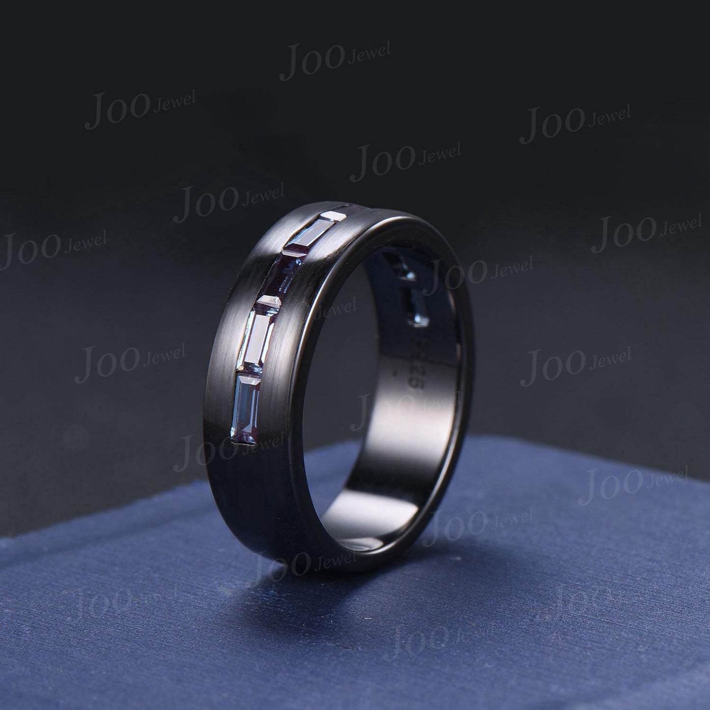 6mm Men Band Baguette Cut Color-Change Alexandrite Engagement Ring for Men Black Brushed Matte Finished Band Unique Marriage Promise Rings