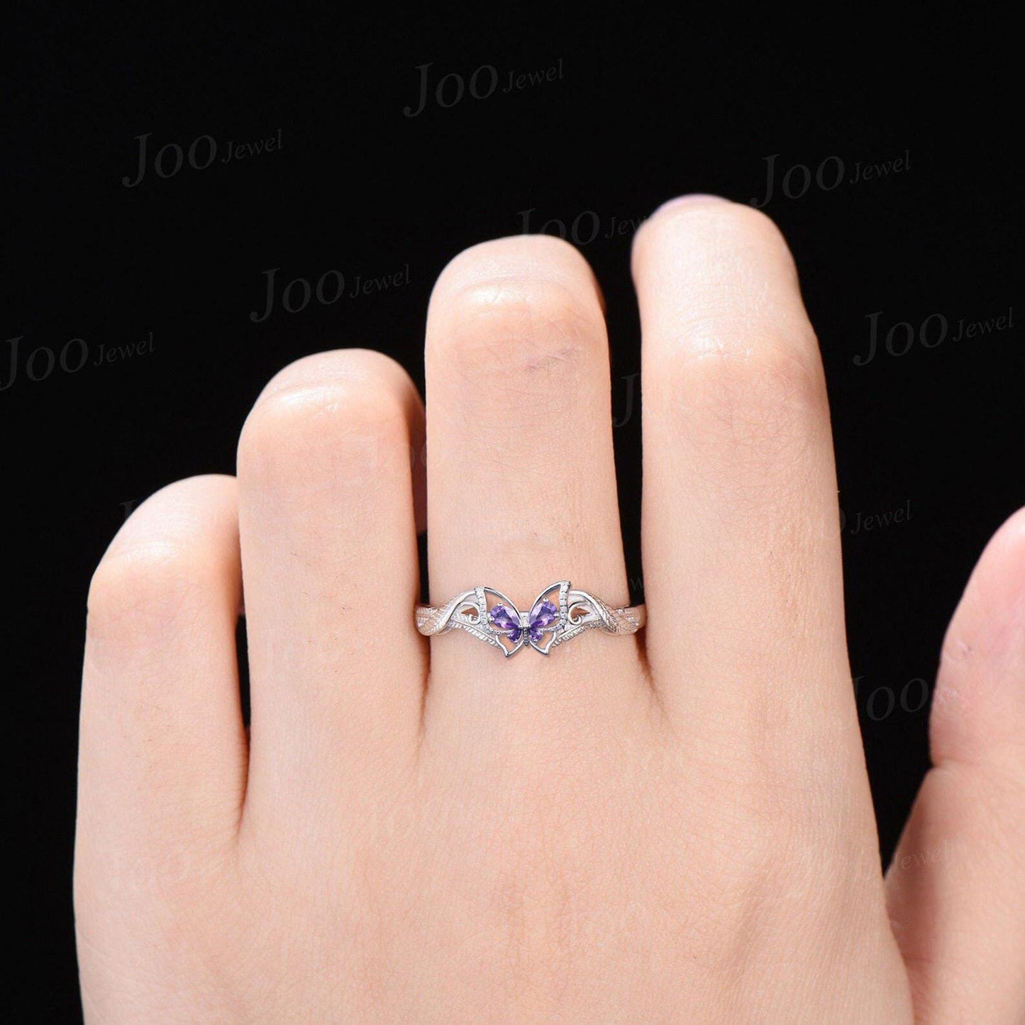 Butterfly Amethyst Engagement Ring 14K White Gold Unique Feather Design Wedding Ring Vintage Crossover Promise Ring February Birthstone Gift