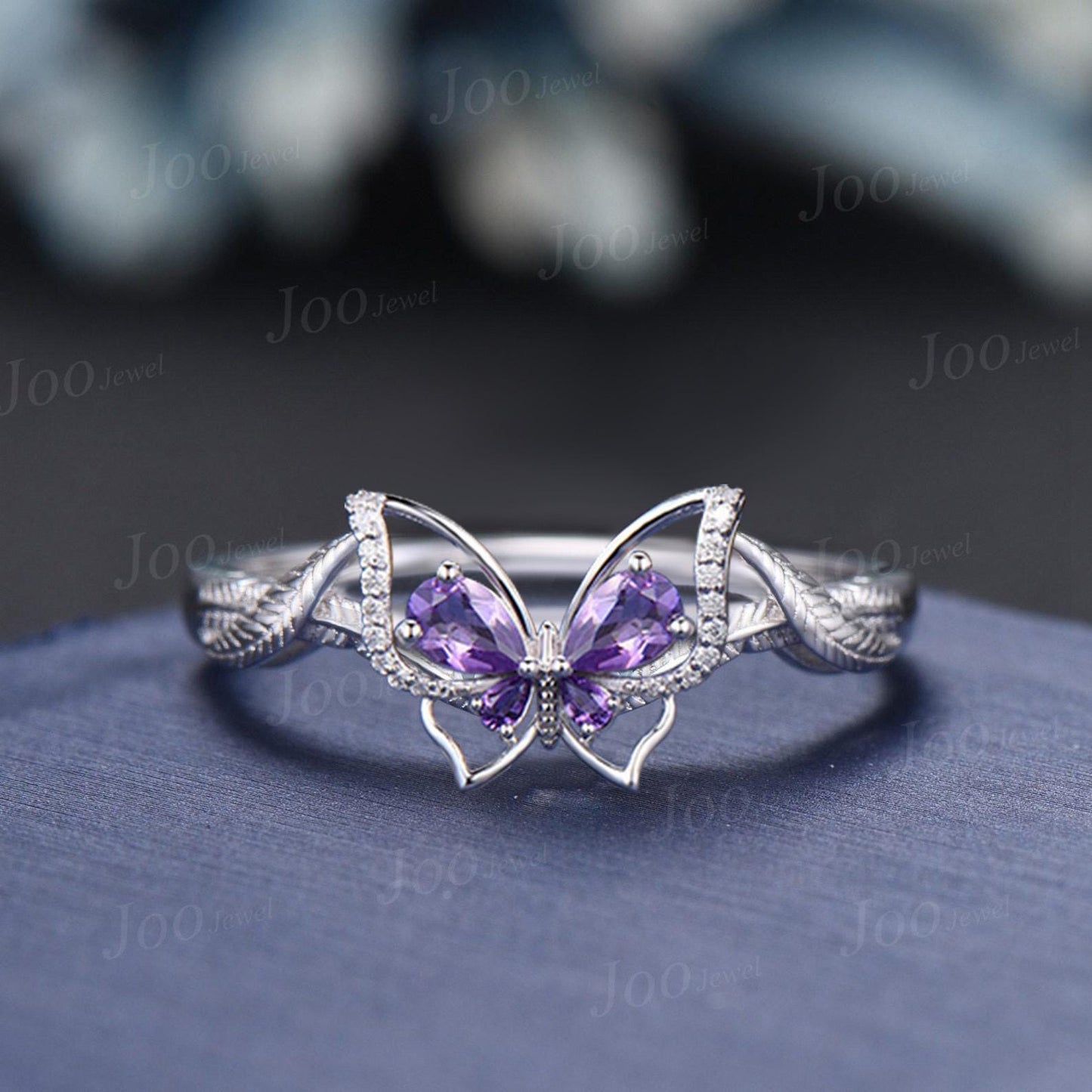 Butterfly Amethyst Engagement Ring 14K White Gold Unique Feather Design Wedding Ring Vintage Crossover Promise Ring February Birthstone Gift
