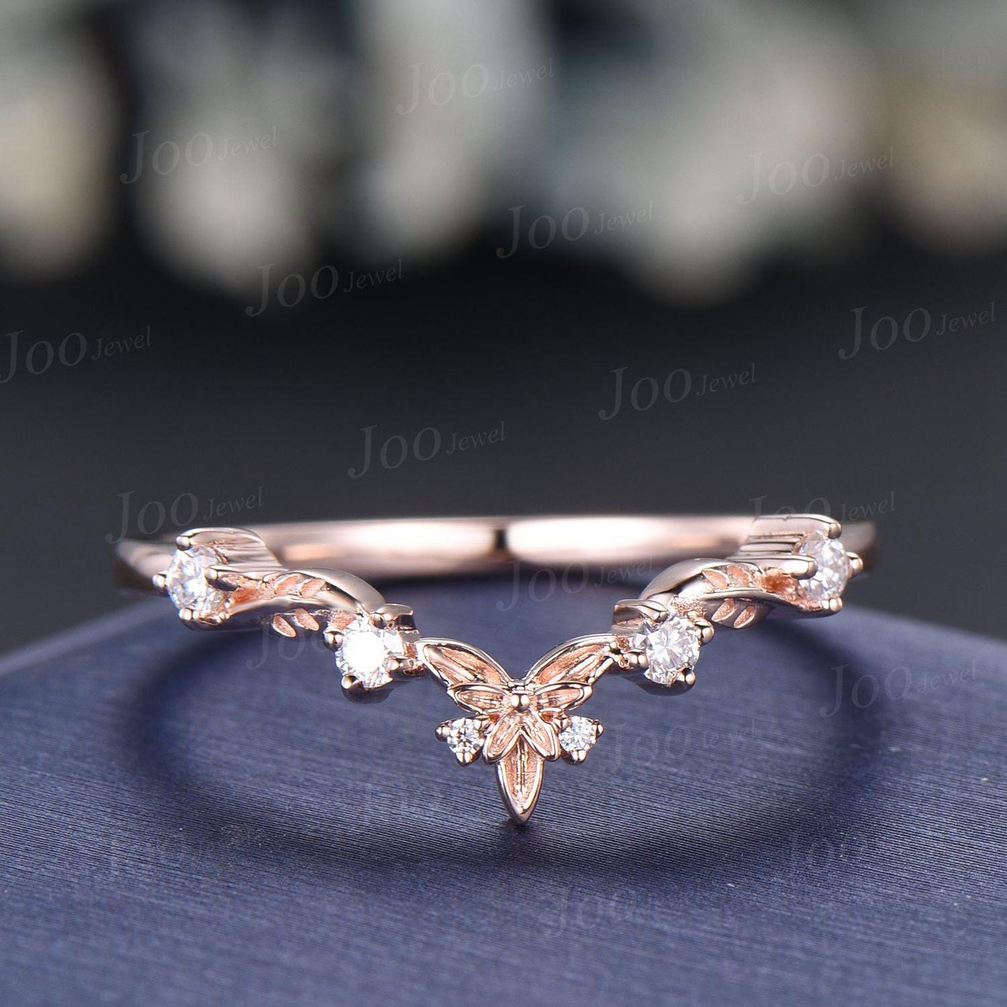Nature Inspired Leaf Flower Moissanite Contour Wedding Band 14K Rose Gold Art Deco Vintage Twig Vine Matching Band Promise Rings for Women