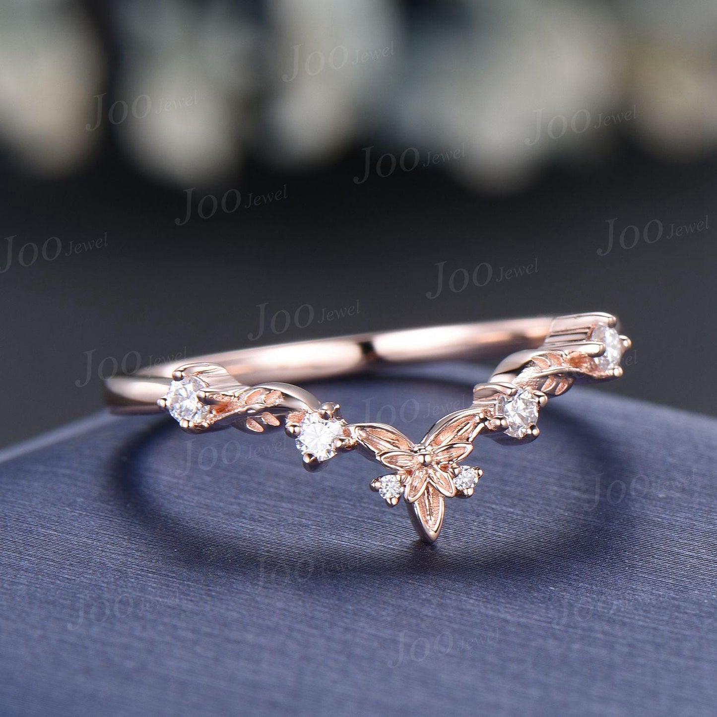 Nature Inspired Leaf Flower Moissanite Contour Wedding Band 14K Rose Gold Art Deco Vintage Twig Vine Matching Band Promise Rings for Women