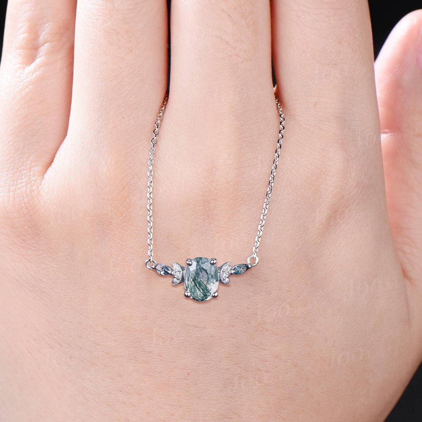 Oval Cut Natural Moss Agate Necklace Sterling Silver Green Gemstone Necklace Vintage Marquise Moss Agate Moissanite Crescent Moon Pendant