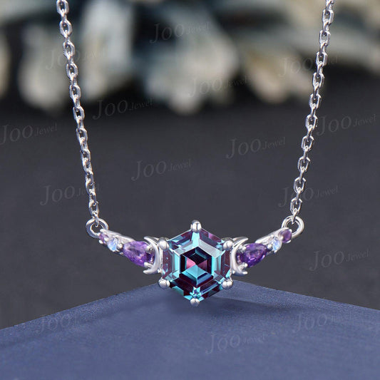 Hexagon Cut Color-Change Alexandrite Amethyst Necklace Sterling Silver Vintage Moonstone Wedding Pendant Women Personalized Anniversary Gift