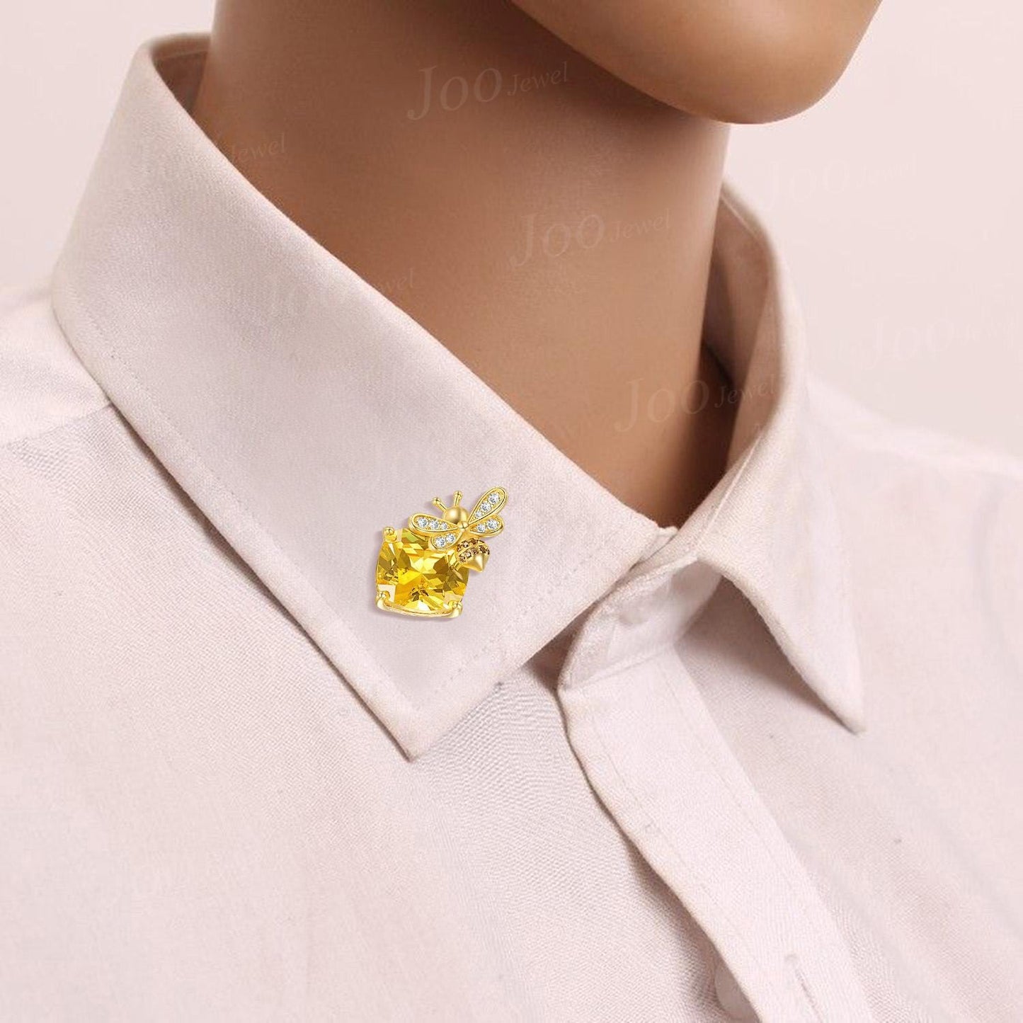 Luxury 14K Solid Yellow Gold Natural Cushion Cut Citrine Brooch Banquet Brooch Pins Unique Honey Bee Pin Anniversary/Birthday Gift for Women
