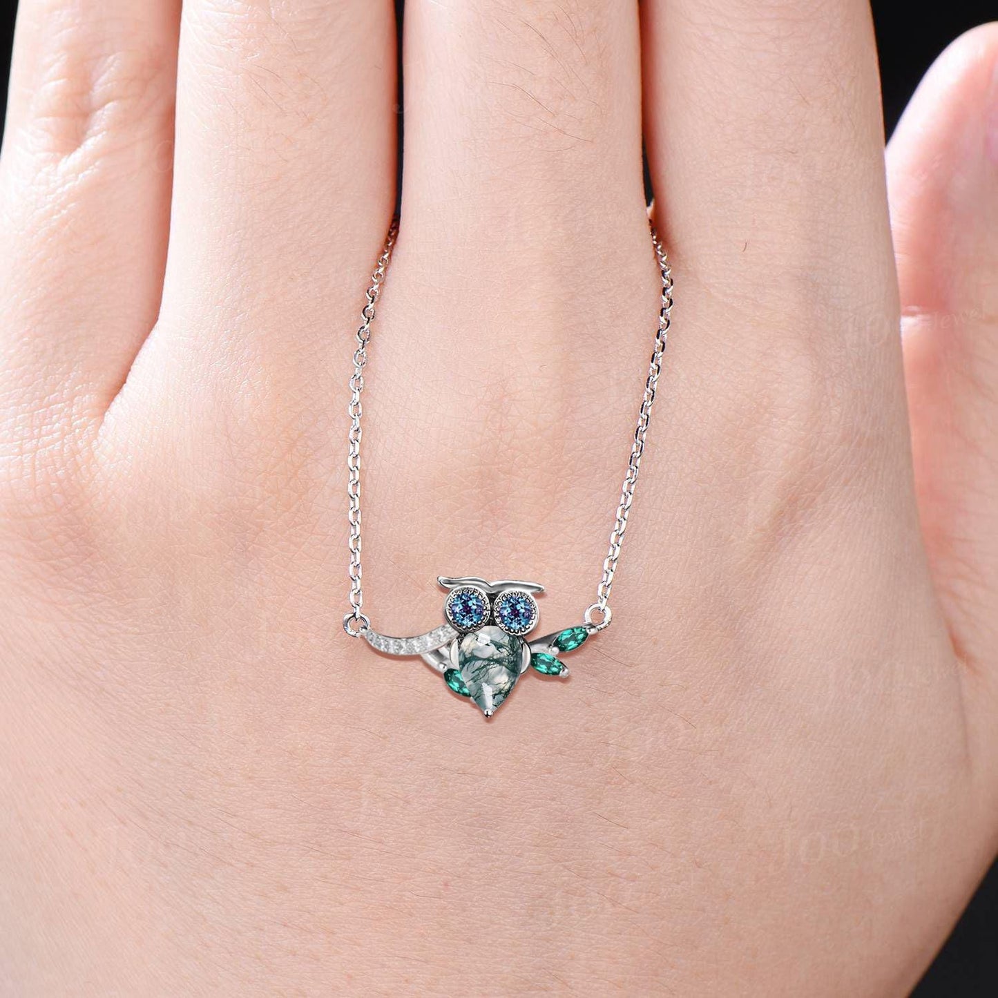 Unique Cute Owl Pendant Sterling Silver Pear Cut Genuine Green Moss Agate Alexandrite Curved Gemstone Necklace Birthday Gift Amulet Jewelry