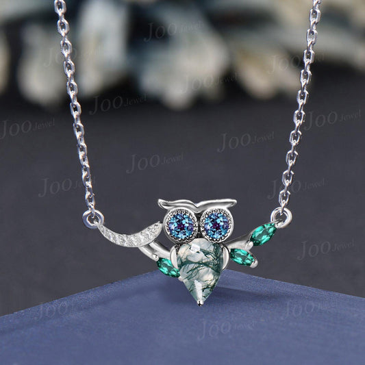Unique Cute Owl Pendant Sterling Silver Pear Cut Genuine Green Moss Agate Alexandrite Curved Gemstone Necklace Birthday Gift Amulet Jewelry