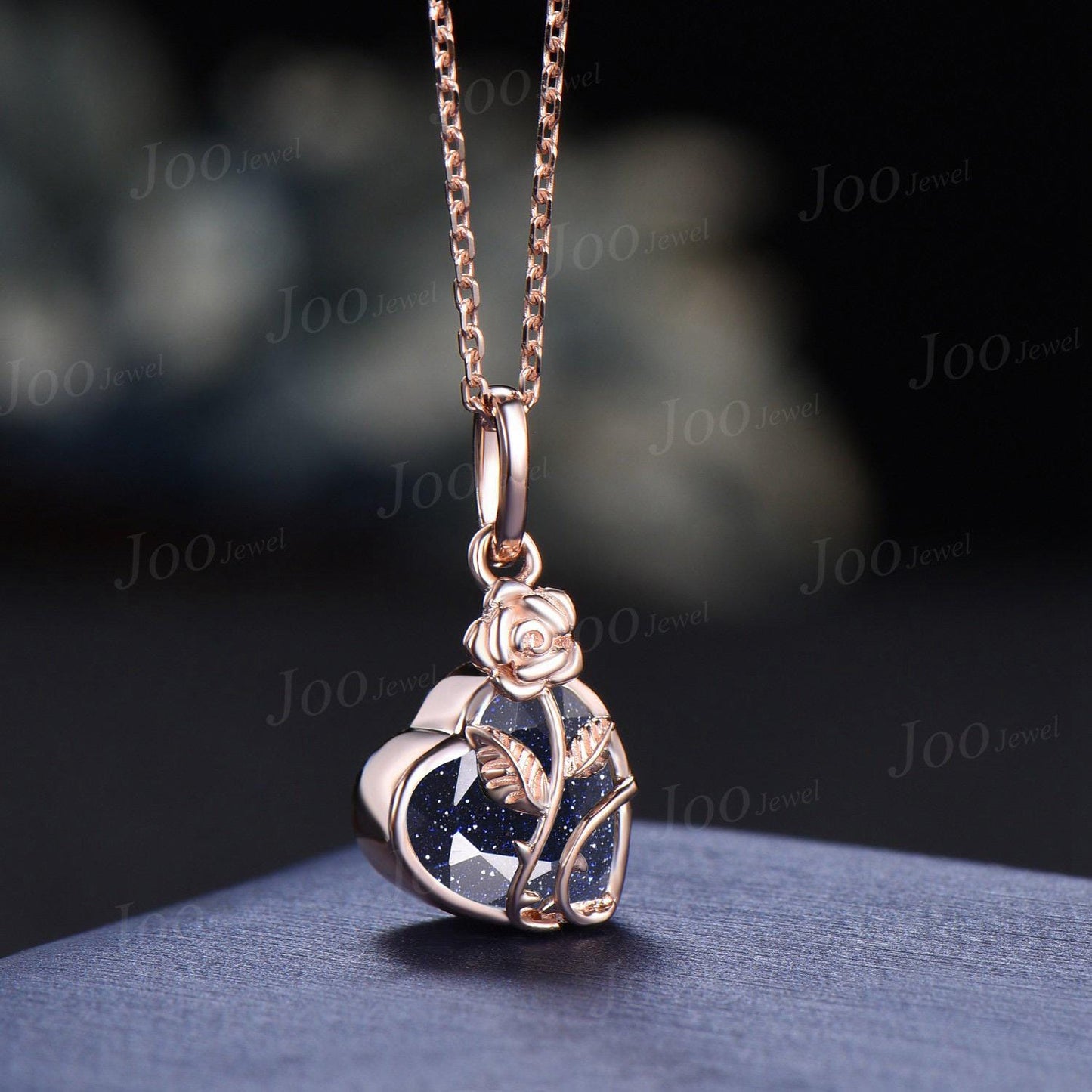 7mm Rose Flower Galaxy Blue Sandstone Pendant Necklace Heart Cut Bridal Drop Necklaces 14K Rose Gold Nature Inspired Dainty Floral Jewelry