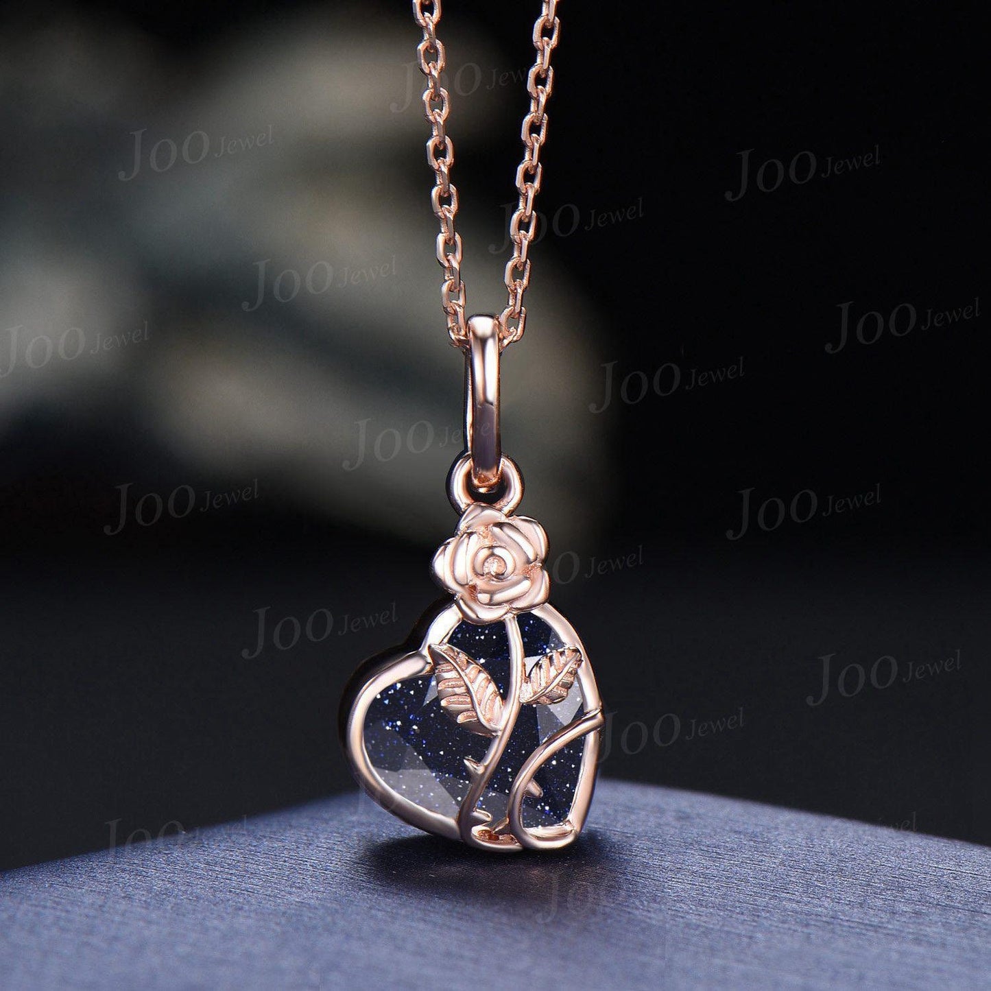 7mm Rose Flower Galaxy Blue Sandstone Pendant Necklace Heart Cut Bridal Drop Necklaces 14K Rose Gold Nature Inspired Dainty Floral Jewelry