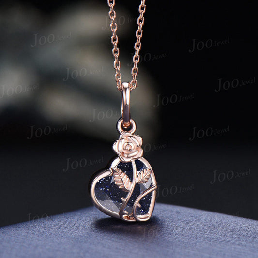 7mm Rose Flower Galaxy Blue Sandstone Pendant Necklace Heart Cut Bridal Drop Necklaces 14K Rose Gold Nature Inspired Dainty Floral Jewelry