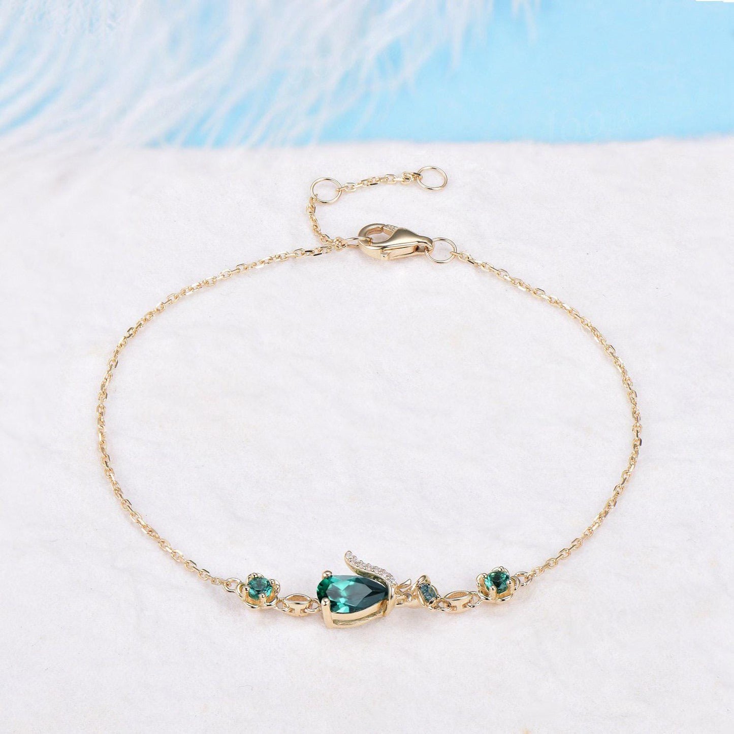 Sterling Silver Floral Flower Bracelet Teardrop Cut Emerald Moonstone Chain Bracelet Dainty Green Gemstone Charm Bracelet for Wedding Bridal