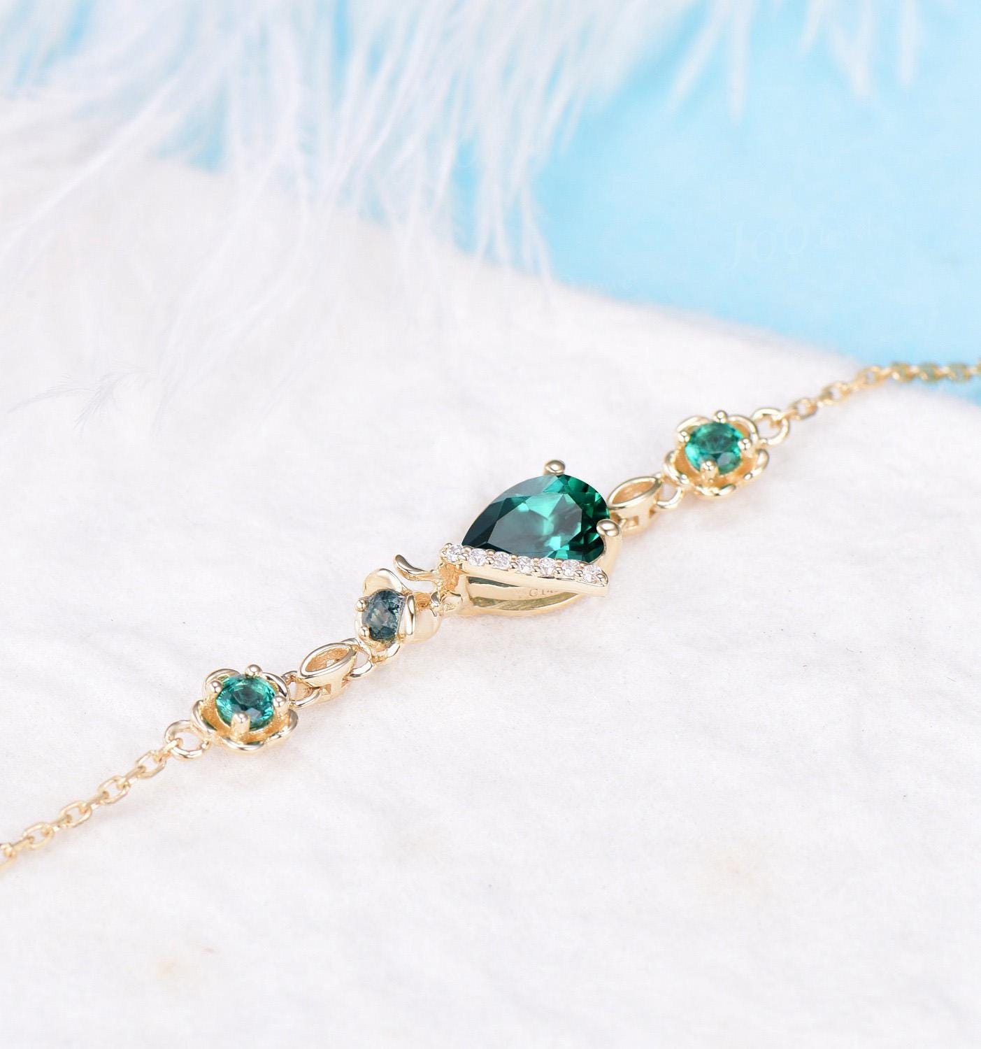 Sterling Silver Floral Flower Bracelet Teardrop Cut Emerald Moonstone Chain Bracelet Dainty Green Gemstone Charm Bracelet for Wedding Bridal