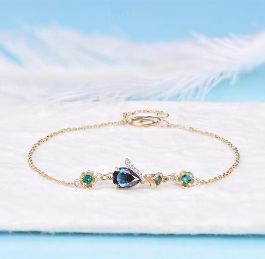 Rose Flower Bracelet 14K Yellow Gold Pear Cut Color-Change Alexandrite Emerald Bracelet Nature Inspired Floral Adjustable Bracelet for Women