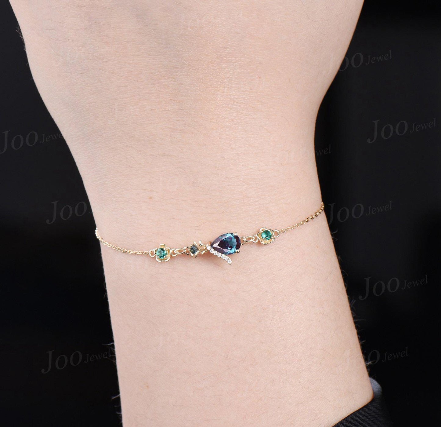 Rose Flower Bracelet 14K Yellow Gold Pear Cut Color-Change Alexandrite Emerald Bracelet Nature Inspired Floral Adjustable Bracelet for Women