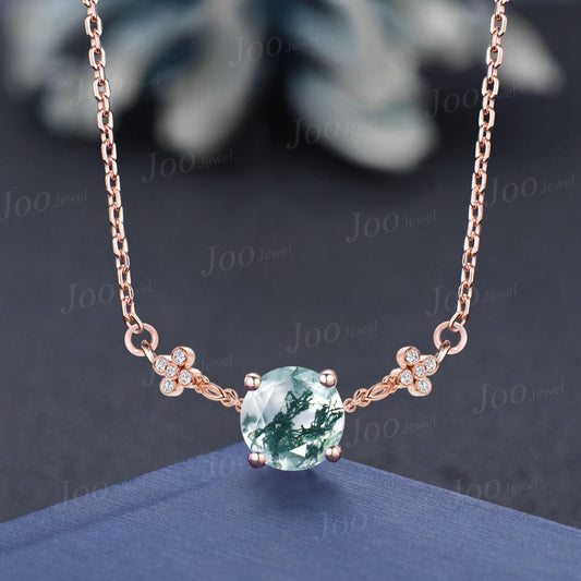Keep Smile Necklace 14K Solid Rose Gold Round Cut Natural Green Moss Agate Curved Luxury Gemstone Pendant Birthday/Proposal Gift for Women