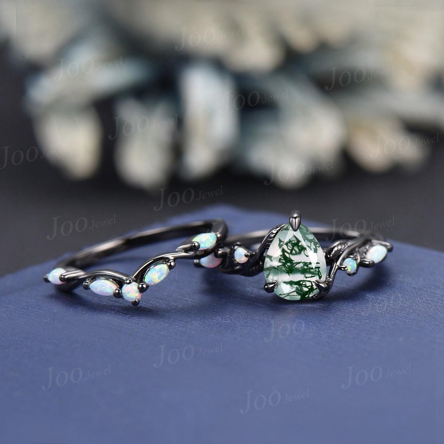 1.25ct Pear Cut Genuine Moss Agate Opal Engagement Ring Set Black Wedding Ring for Women Twisted Twig Vine Branch Aquatic Agate Bridal Set