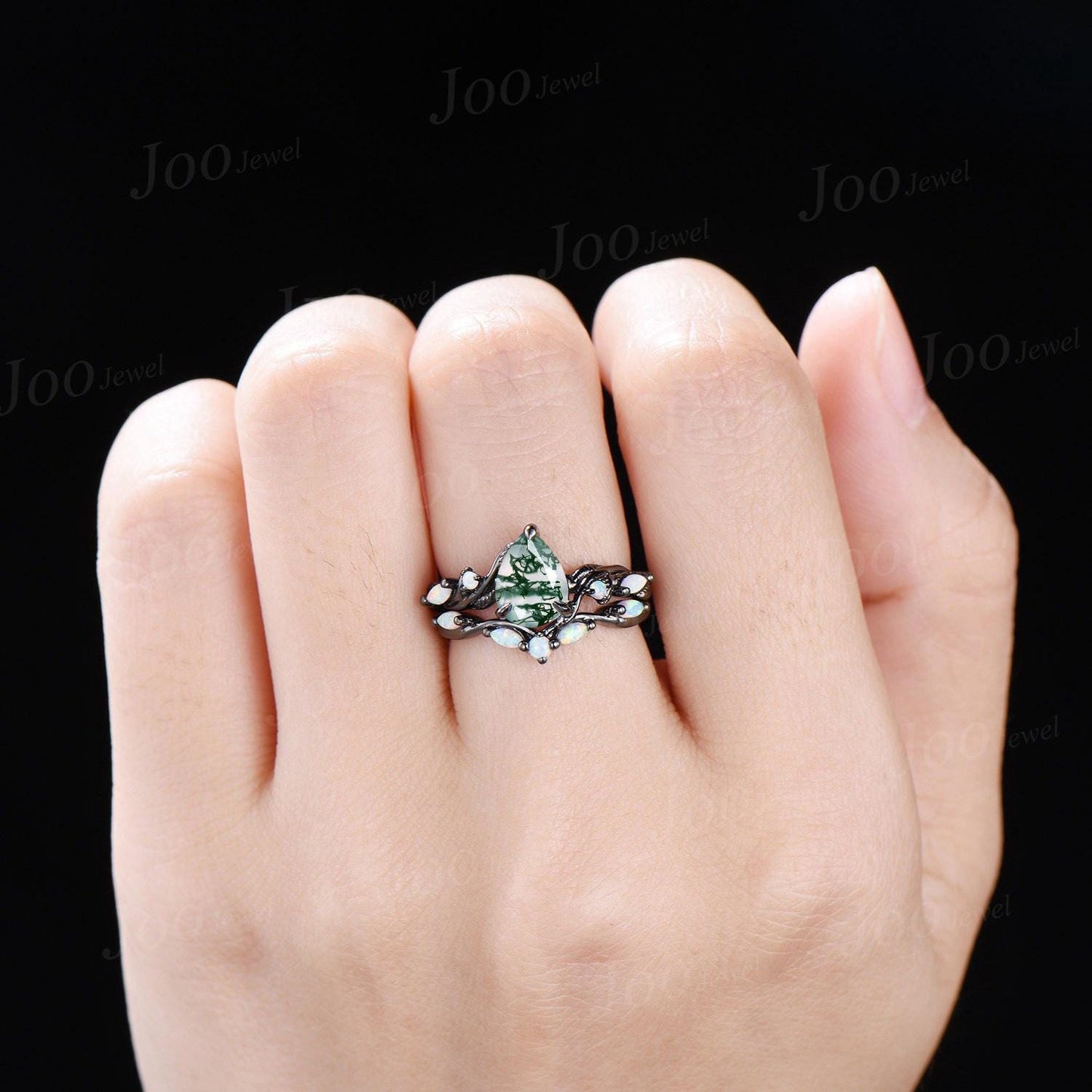 1.25ct Pear Cut Genuine Moss Agate Opal Engagement Ring Set Black Wedding Ring for Women Twisted Twig Vine Branch Aquatic Agate Bridal Set