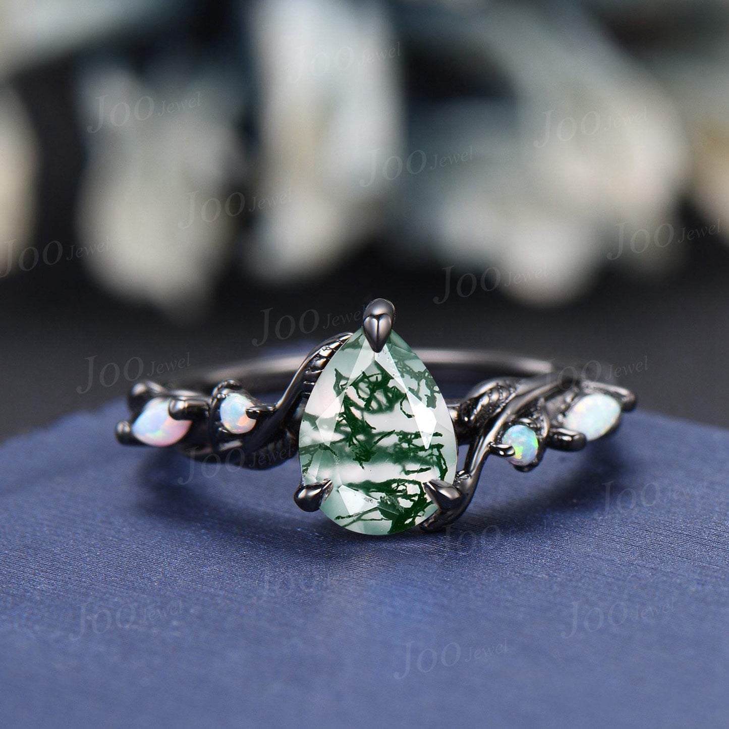 1.25ct Pear Cut Genuine Moss Agate Opal Engagement Ring Set Black Wedding Ring for Women Twisted Twig Vine Branch Aquatic Agate Bridal Set
