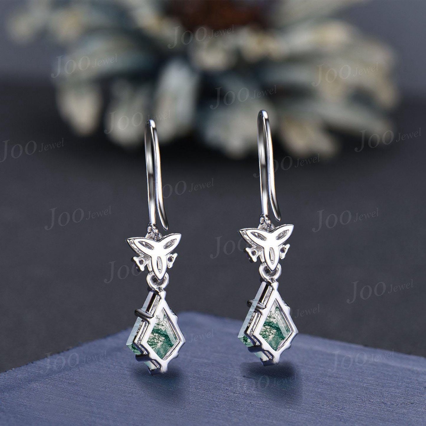 Celtic Trinity Knot Genuine Moss Agate Emerald Hook Drop Earrings Kite Cut Aquatic Agate Earrings Silver Gemstone Dangle Earrings for Women