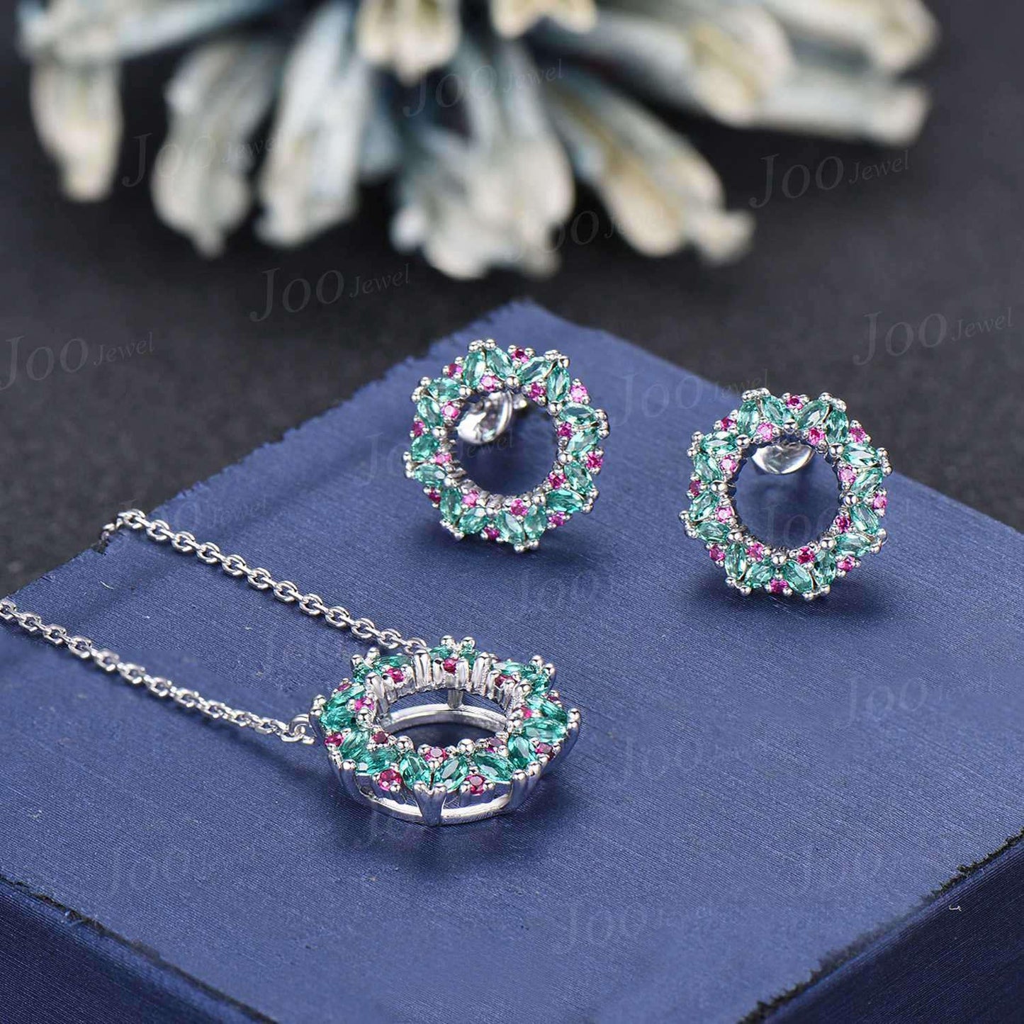 Emerald Ruby Wreath Necklace Earrings Set for Women Luxury Gemstone Chain Necklace Sterling Silver No Fading Christmas Jewelry Gift For Her