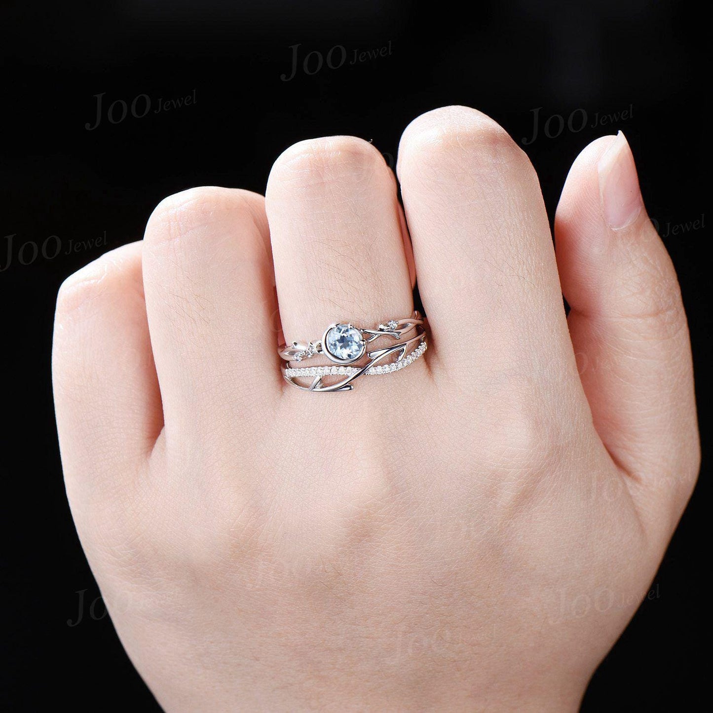 Round Cut Natural Ocean Blue Aquamarine Twig Vine Bridal Set Vintage Sterling Silver Crescent Moon Aquamarine Engagement Ring Birthday Gifts