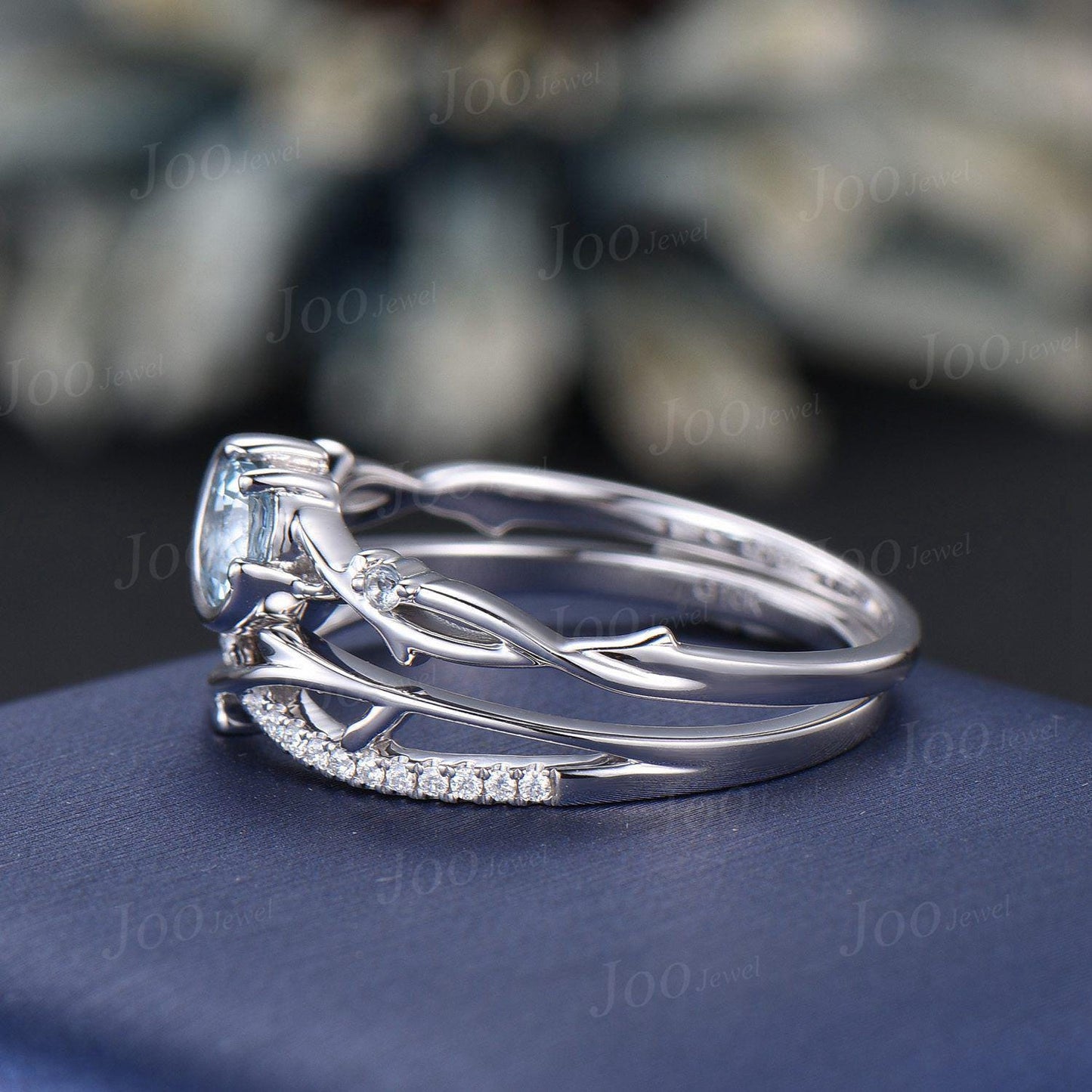 Round Cut Natural Ocean Blue Aquamarine Twig Vine Bridal Set Vintage Sterling Silver Crescent Moon Aquamarine Engagement Ring Birthday Gifts