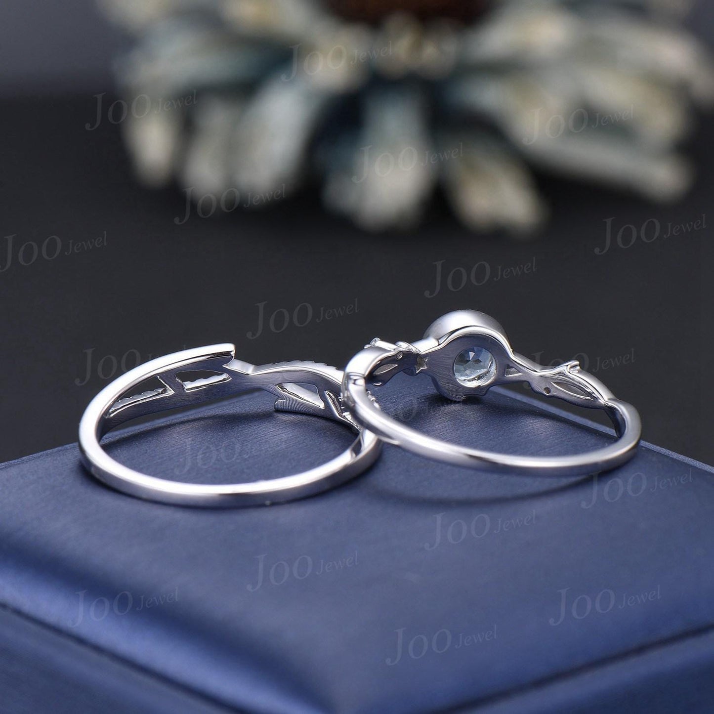 Round Cut Natural Ocean Blue Aquamarine Twig Vine Bridal Set Vintage Sterling Silver Crescent Moon Aquamarine Engagement Ring Birthday Gifts