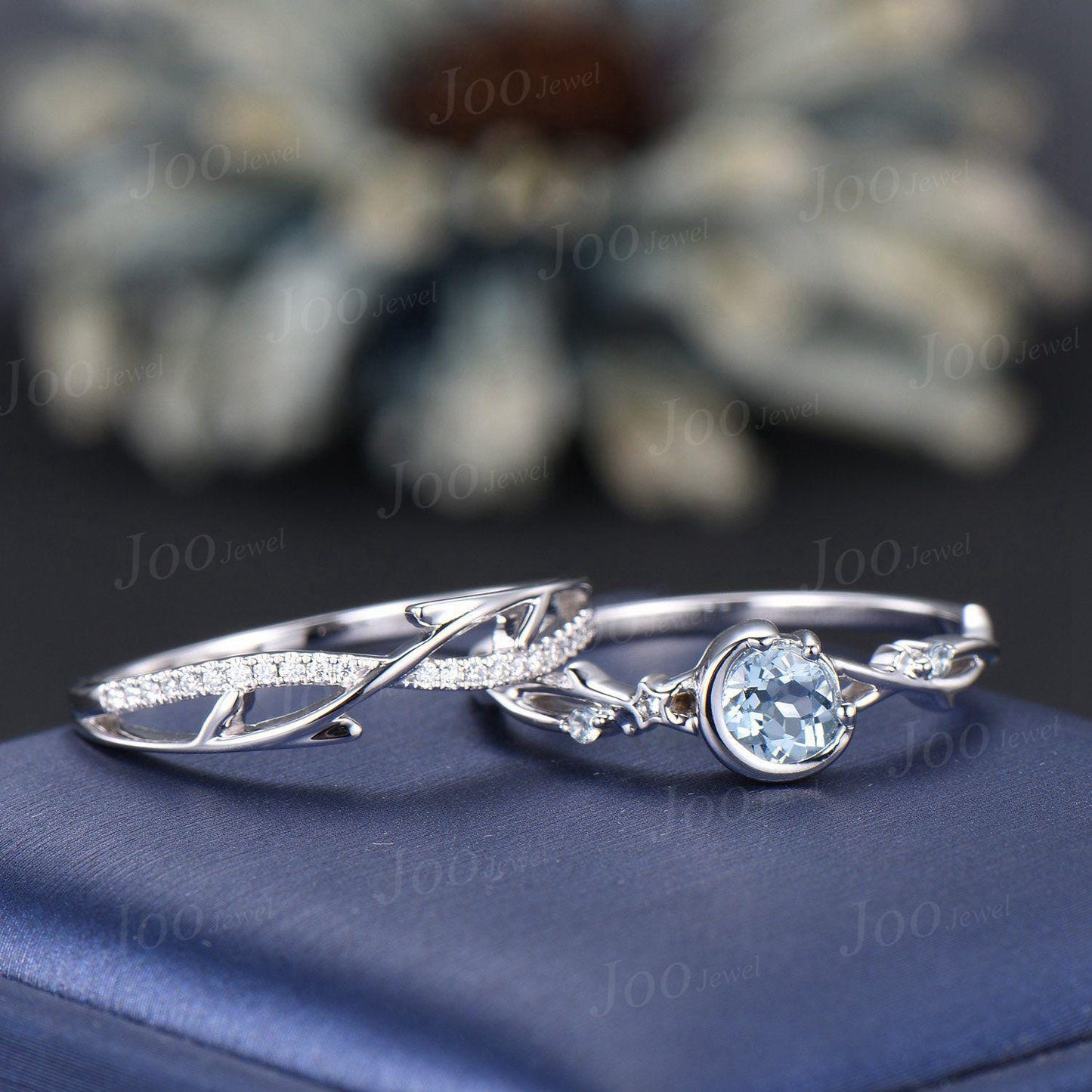 Round Cut Natural Ocean Blue Aquamarine Twig Vine Bridal Set Vintage Sterling Silver Crescent Moon Aquamarine Engagement Ring Birthday Gifts